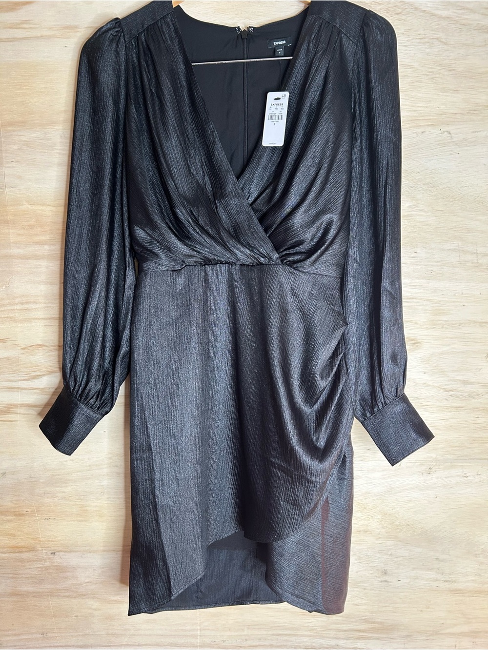Express Shimmery Black Asymmetrical Wrap Dress Long Sleeve Size S NWT